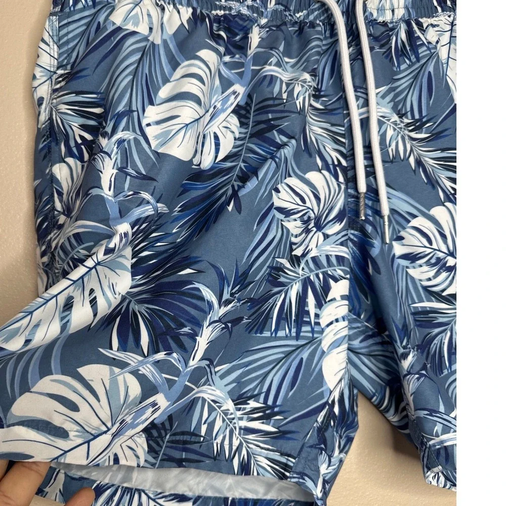 Blue Wave Mens Tropical Monstera Leaf Swim Trunks Blue White XXL Drawstring Mesh